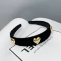 Elegant black velvet headband with gold heart charms wide hair hoop chic women hair accessory - Black Heart Headband / Black