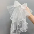 White mesh bow hair clip with pearls and rhinestones, double layer tulle flower girl veil. - Ribbon Bow