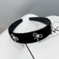 Elegant black velvet padded headband with sparkling rhinestone pearl bows for women and girls chic. - Black Bowknot Headband / Black