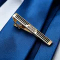 Gold metal tie clip variant with black stripes and sparkling rhinestones for business suits. - Geometric Rhinestone Style (TP-ASD004) / Gold