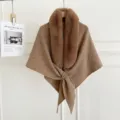 Autumn winter Korean style faux fur collar knitted shawl solid color warm cape scarf for women. - Camel