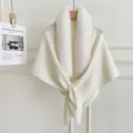 Korean style women winter warm knitted shawl cape with faux fur collar solid color outerwear - White