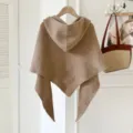 Cape en tricot à capuche marron chaud uni hiver femmes châle poncho écharpe mode - Chameau