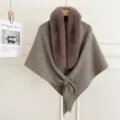 Detailed view of autumn winter Korean style faux fur collar knitted shawl cape warm scarf. - Khaki