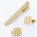 Gold tie clip and cufflinks set with woven pattern design for men, elegant business accessories. - Gold