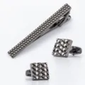 Gunmetal tone woven pattern tie clip and square cufflinks set for men business wedding. - Gunmetal