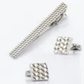 Silver tie clip and square cufflinks set with woven pattern for men formal business. - Silver