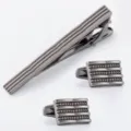 Men gunmetal tie clip and cufflinks set, metallic textured ribbed alloy suit accessory. - Gunmetal