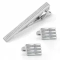 Silver tone metal tie clip and cufflinks set with textured pattern for men formal wear. - Silver
