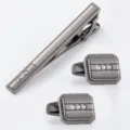 Ensemble pince à cravate et boutons de manchette pour hommes strass bordure perlée - Métal canon