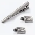 Gunmetal alloy rhinestone tie clip and cufflinks set for men, elegant business suit accessory. - Gunmetal