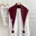 Cozy autumn winter knitted triangle scarf for women with pom pom details, solid color warm shawl. - Burgundy