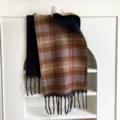 Close-up detail of thickened winter plaid scarf with double-sided design and stylish fringe. - 48x230cm / Purple Brown Plaid