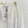 Korean knitted triangle scarf long sleeve top set, cozy autumn winter solid color pom pom shawl. - White