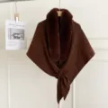 Autumn winter Korean style faux fox fur collar knitted shawl cape solid color warm triangle scarf - Coffee