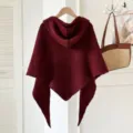 Autumn winter women hooded knitted triangle poncho solid color warm cape casual shawl scarf - Burgundy