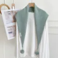 Femme écharpe triangulaire en tricot automne hiver unie pompon châle cape chaude - Vert
