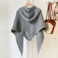 Women's grey knitted hooded poncho shawl, stylish solid color winter warm cape cloak. - Light Gray