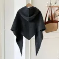 Solid color wool blend hooded knitted triangular shawl cape for women, warm winter outerwear scarf. - Black and Gray
