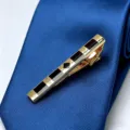 Men's luxury gold tone tie clip with black geometric inlay and classic meander pattern. - Greek Key Geometric Style (TP-ASD039) / Gold