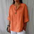 Camicetta in lino arancione scollo V da donna, top estivo maniche corte con bottoni. - Arancione 8001# / 3XL