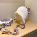 chunky knit beanie hat with colorful tassel braided earflap warm winter cap for women - M (56-58cm) / White