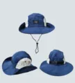 Vista detallada del sombrero de pescador de protección solar al aire libre azul y blanco con barbilla. - M (56-58cm) / Azul marino
