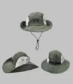 Sombrero de pescador safari bicolor con barbiquejo y hebilla trasera, vista multiángulo detallada. - M (56-58cm) / Verde Militar