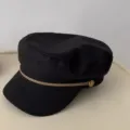 Black retro women baker boy cap detail shot, flat top newsboy hat with gold rope trim. - M (56-58cm) / Black
