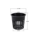 Black plastic hydroponic net pot detail view showing precise dimensions for plant cultivation cups. - L / Black