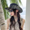 Chapeau de soleil style ethnique à large bord pour femme, idéal pour la plage d'été et voyages. - Noir Extérieur Ethnique
