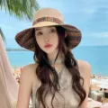 Détails du chapeau de soleil style ethnique à large bord pour les voyages d'été. - Kaki Extérieur Ethnique