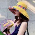 Women colorful striped bucket hat wide brim sun protection hat for spring summer outdoor travel - Reversible Ethnic Yellow