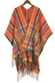 Bohemian ethnic style winter warm thick fringe poncho shawl detail view, multi-color check. - Diamond Shawl Orange