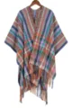 Bohemian colorful knitted poncho detail, close-up of geometric pattern and warm fringe hem. - Diamond Shawl Blue
