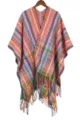 Kleurrijke boho gebreide poncho voor dames, gezellige winter etnische franje cape 84 - Ruit Sjaal Roze