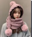 Rosa Strick Kapuzenschal mit Bommel, warme Winter Beanie Mütze für Damen Outdoor Stil - Drei-Ball Schal Mütze / Rosa