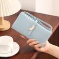 Women Long PU Leather Wallet Leaf Buckle Handbag Minimalist Card Holder Clutch Purse - Blue
