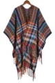 Boheemse gebreide poncho, kleurrijke etnische geometrische patroon cape met franjes, winter. - Ruit Sjaal Marineblauw