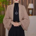 Autumn winter women hollow knit cardigan warm stylish shawl jacket with elegant diamond pattern. - Khaki