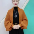 Details of the autumn winter hollow knit cardigan shawl, warm grid pattern, fashion sweater. - Turmeric