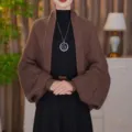 Women brown hollow knit shawl cardigan chic warm open front stylish sweater outerwear - Coffee