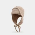 Beige knitted ear-flap hat winter warm cozy aviator trapper cap sweet cute style - Khaki
