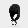 Black knitted winter earflap hat, cozy pilot ushanka style with cute string ties. - Black