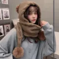 Winter einfarbiger Strick Kapuzenschal mit Bommel, warmer zweiteiliger modischer Schal. - Drei-Ball Schal Mütze / Khaki
