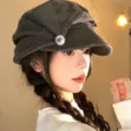 Retro pleated beret hat for women autumn winter Japanese style versatile stylish painter cap - Button Cotton-Linen Cloud Hat / Dark Gray