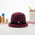 Gedetailleerd overzicht van de warme gebreide wintermuts met elegant ruitpatroon. - Paars