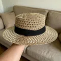 Classic straw boater hat with black ribbon, vintage woven sun hat for summer beach vacation. - Old Money Hollow Khaki with Black Ribbon