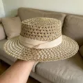 Straw boater hat hollow woven sun hat beige ribbon summer beach vacation accessories - Old Money Hollow Khaki with Beige Ribbon