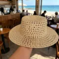 Woven straw hat women summer beach sun protection hollow flat top boater hat british style - Old Money Hollow Plain